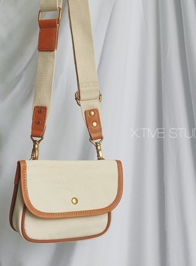 X.TIVE 箱包系列头层牛皮包边帆布包复古户外手机单肩斜挎小方包