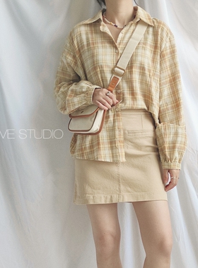X.TIVE | Korea韩国进口女装黄色格纹棉麻衬衫百搭复古休闲上衣