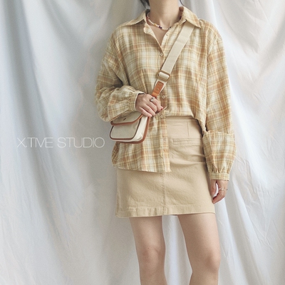 棉麻衬衫黄色格纹韩国进口