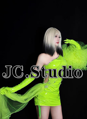 酒吧舞台GOGO荧光绿色蕾丝连体复古透视性感夸张蓬蓬袖炸场演出服