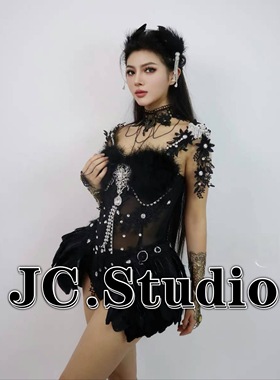 黑色羽毛显瘦蹦迪edc战服新款酒吧夜店黑天鹅作秀GOGO演出服