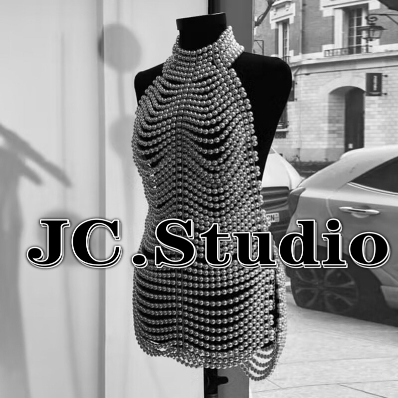 JCStudio原创设计珍珠挂脖露背连衣裙女夏季性感辣妹包臀短裙子