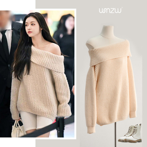 法式一字肩针织上衣露肩百搭毛衣