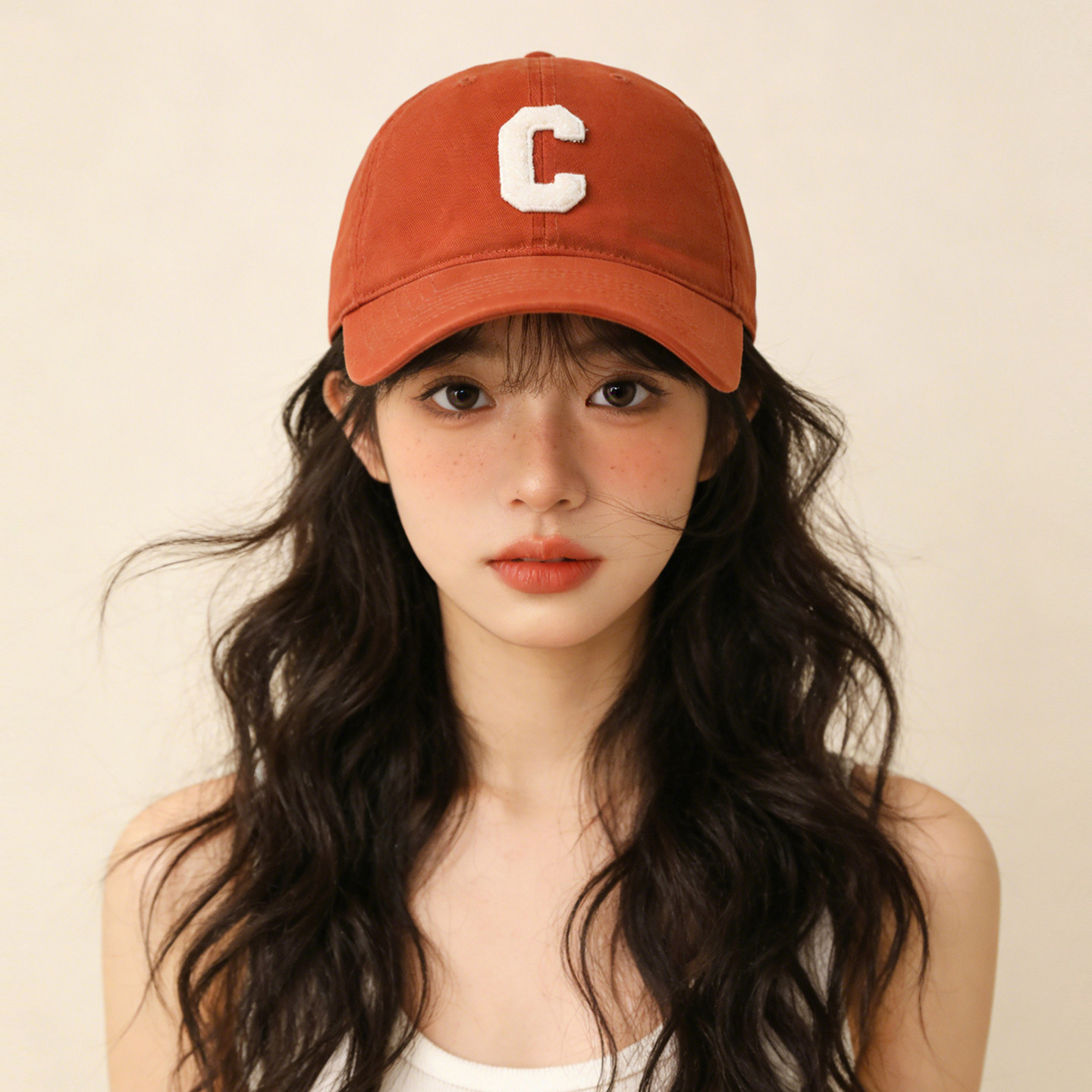 韩版C字母纯棉棒球帽女时尚百搭脏橘色软顶帽子大头围显瘦鸭舌帽