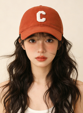 韩版C字母纯棉棒球帽女时尚百搭脏橘色软顶帽子大头围显瘦鸭舌帽