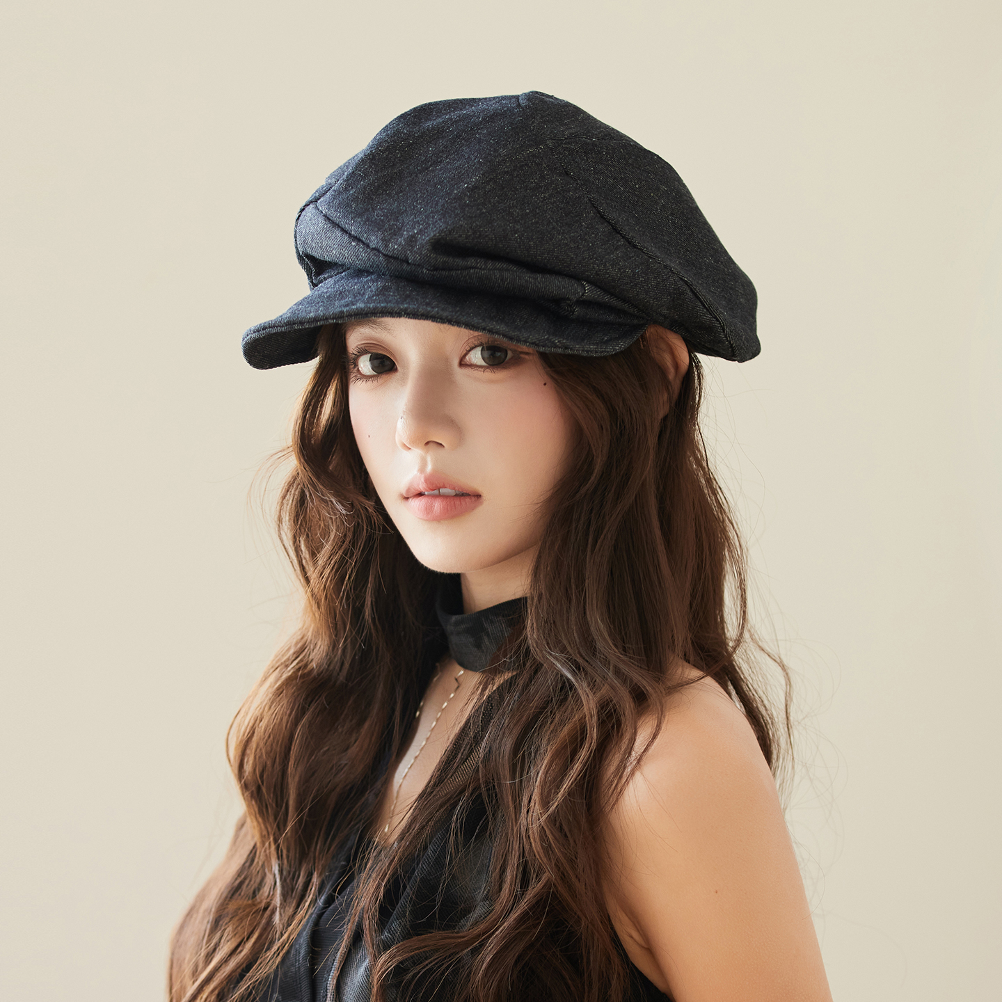 林小橘复古深蓝牛仔贝雷帽显脸小