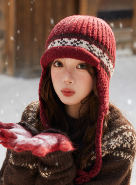 氛围感红色针织飞行帽新年费尔岛风提花护耳帽冬季防寒保暖毛线帽