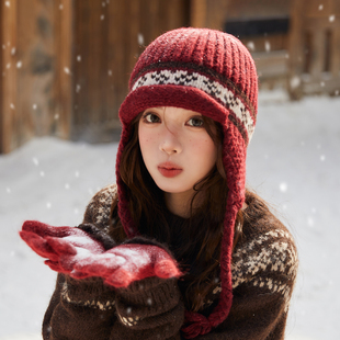 氛围感红色针织飞行帽新年费尔岛风提花护耳帽冬季防寒保暖毛线帽