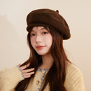 韩系秋冬针织贝雷帽女生百搭纯色卷边蓓蕾帽咖啡色大帽顶画家帽子