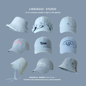 韩系甜美浅蓝色棒球帽女显瘦鸭舌帽大帽檐遮阳防晒渔夫帽蓝色帽子