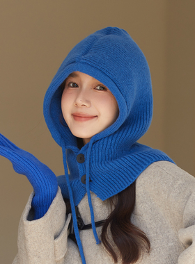 韩国巴拉克拉法帽女冬季围脖一体纯色套头帽宝蓝色护颈保暖针织帽