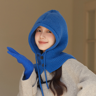 韩国巴拉克拉法帽女冬季 围脖一体纯色套头帽宝蓝色护颈保暖针织帽