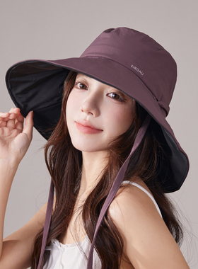 升级版黑胶大檐防晒帽女生户外防紫外线太阳帽紫色遮阳渔夫帽子男
