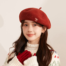 秋冬毛呢贝雷帽女生高品质纯羊毛蓓蕾帽甜美蝴蝶结大帽顶画家帽子