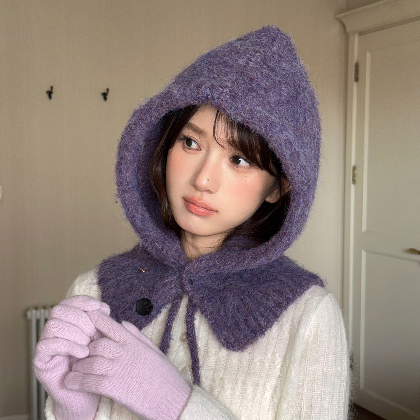紫色巴拉克拉法帽韩版宽松版型显脸小针织套头帽冬天帽子围巾一体