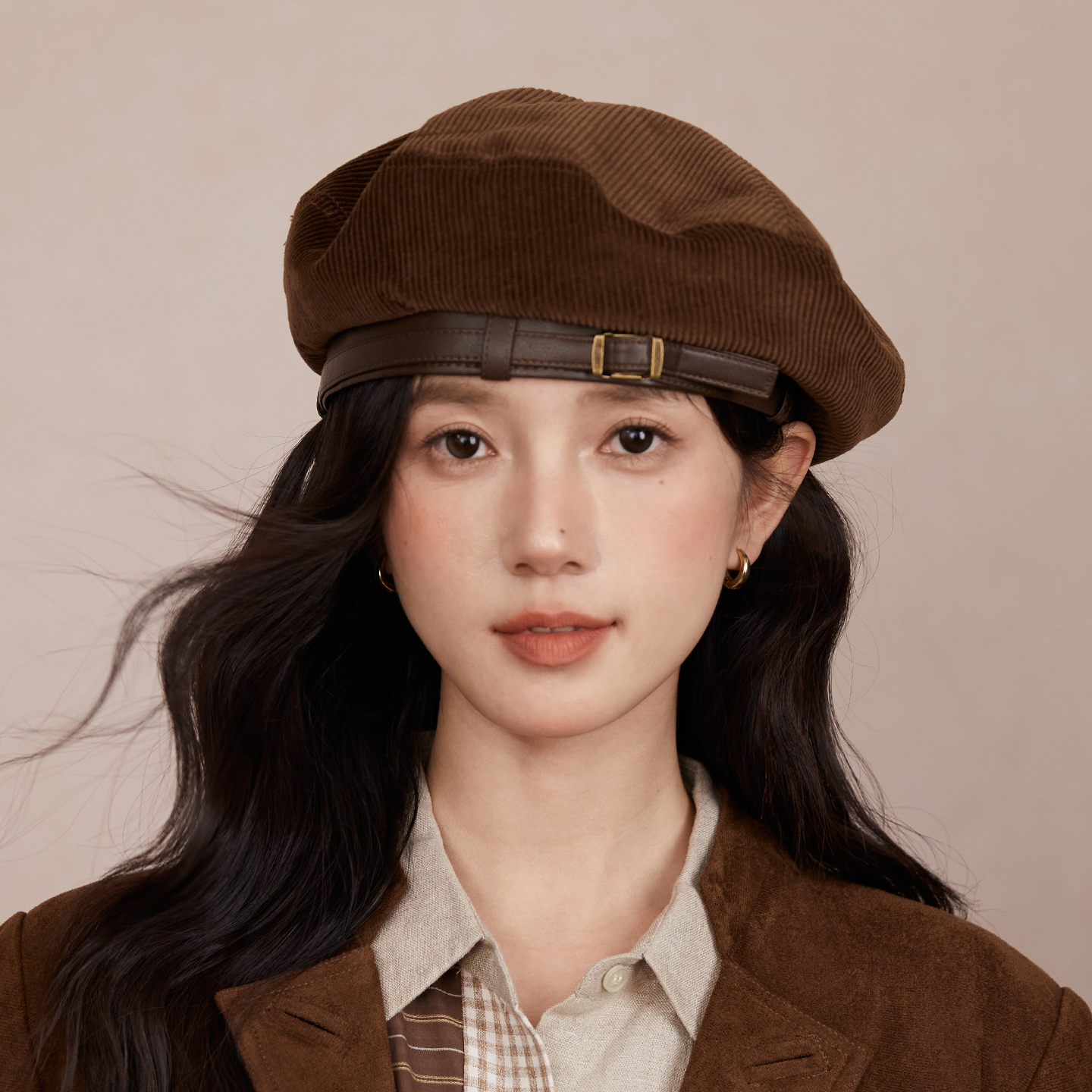 林小橘纯色灯芯绒贝雷帽大帽顶