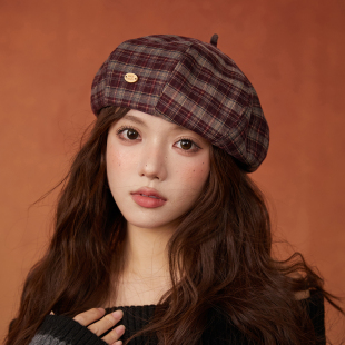 枫叶红格纹南瓜帽日系气质贝雷帽秋冬英伦风复古画家帽子2026冬季