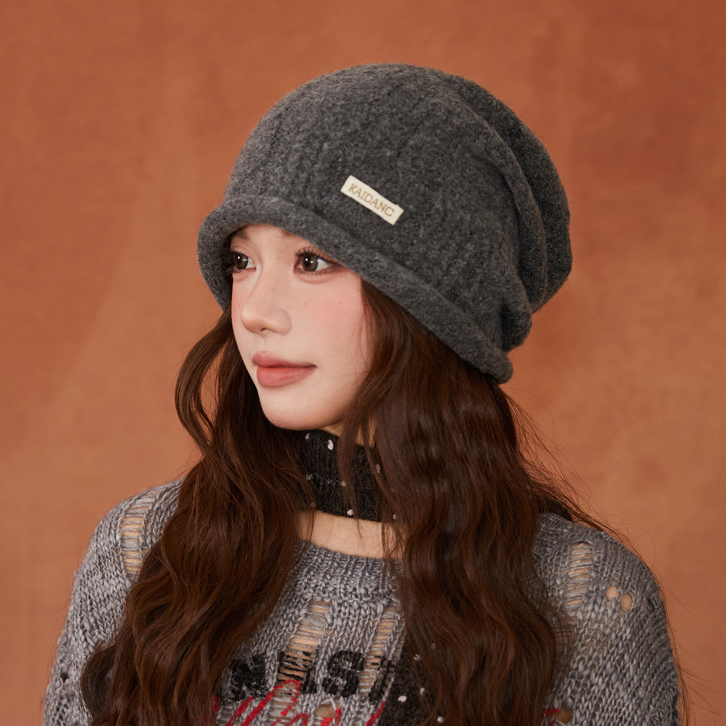 显脸小宽松版型堆堆帽女韩版卷边保暖冷帽时髦复古麻花针织套头帽