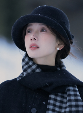 赫本风蝴蝶结毛呢渔夫帽女气质黑色盆帽韩版优雅圆顶礼帽悬崖之上