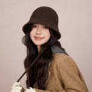 韩版 素颜纯色渔夫帽女生咖啡色绑带针织盆帽气质圆顶保暖水桶帽子