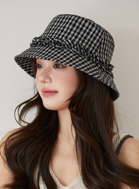 韩系花边渔夫帽女甜美百搭黑色格纹盆帽春夏季素颜显脸小遮阳帽子