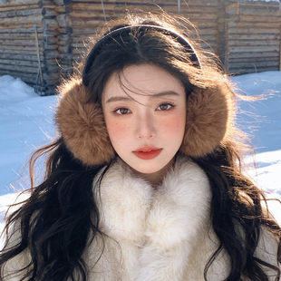 冬季环保防貂毛耳罩咖啡色保暖毛绒绒耳包骑车防寒护耳可折叠耳暖