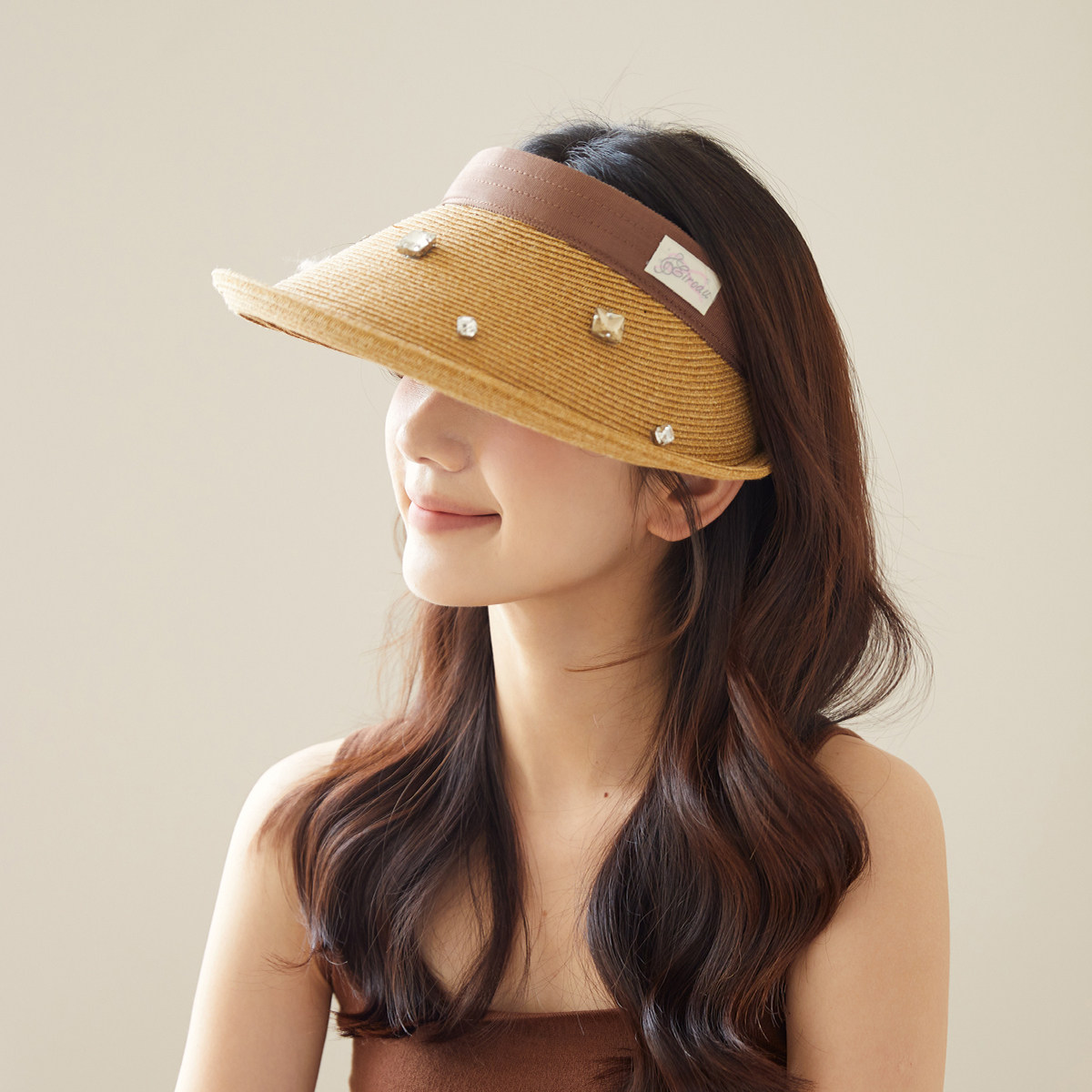 日系大帽檐发箍空顶帽女夏天高品质草编防晒帽子设计感水钻太阳帽