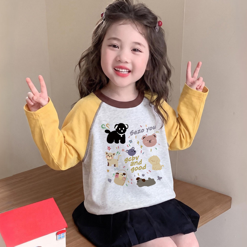 女童长袖t恤纯棉春秋儿童圆领插肩打底衫卡通撞色小女孩洋气上衣