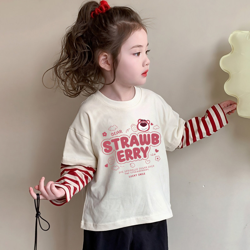 儿童纯棉t恤长袖女童春秋装2026新款洋气卡通撞色宝宝假两件上衣T