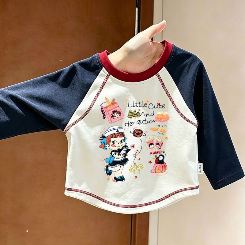 女宝宝长袖t恤插肩袖打底衫卡通印花女童纯棉韩系超好看修身上衣