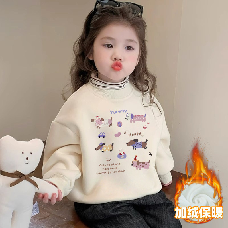 女童拼接高领卫衣2025秋冬款卡通洋气时髦中小儿童加绒一体绒上衣