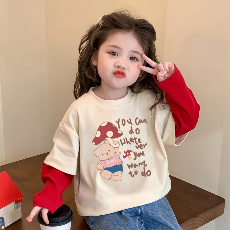 假两件女童长袖t恤纯棉韩版洋气拼接打底衫春秋卡通印花儿童上衣