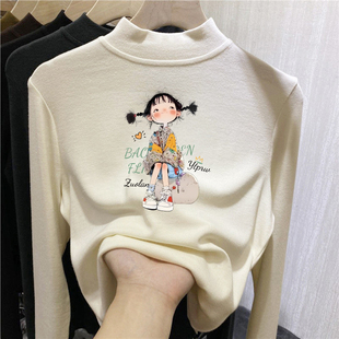 女童半高领打底衫2025新款德绒洋气时髦卡通小女孩内搭外穿上衣冬