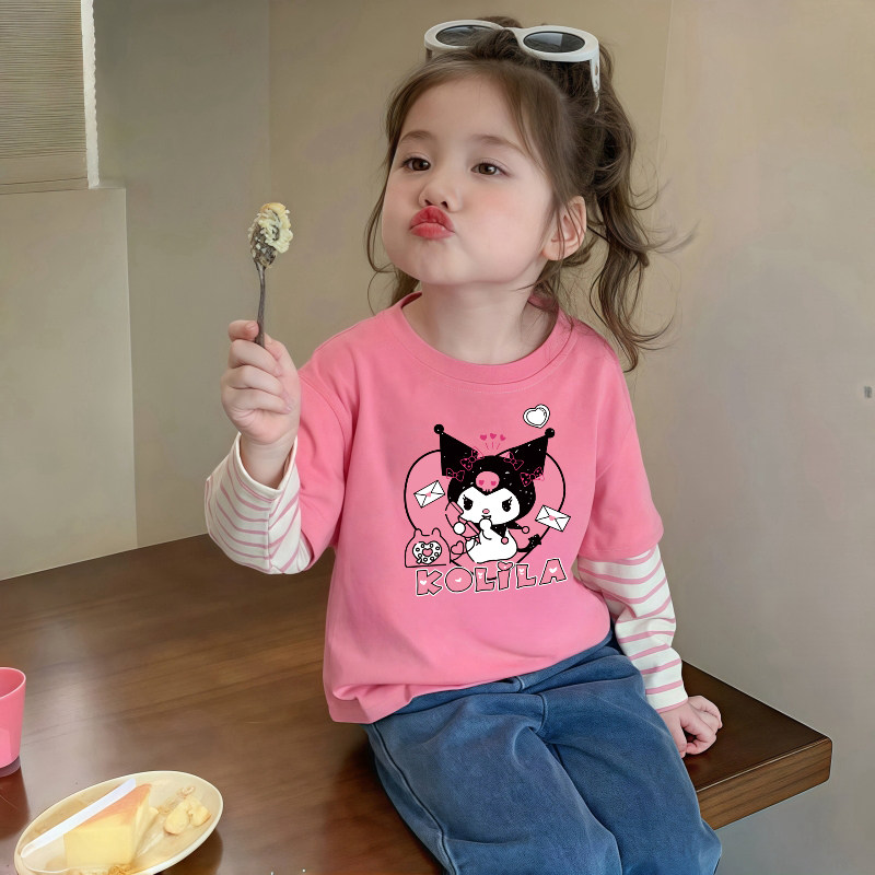 女童假两件t恤儿童长袖春秋撞色纯棉打底衫卡通中小童库洛米上衣T