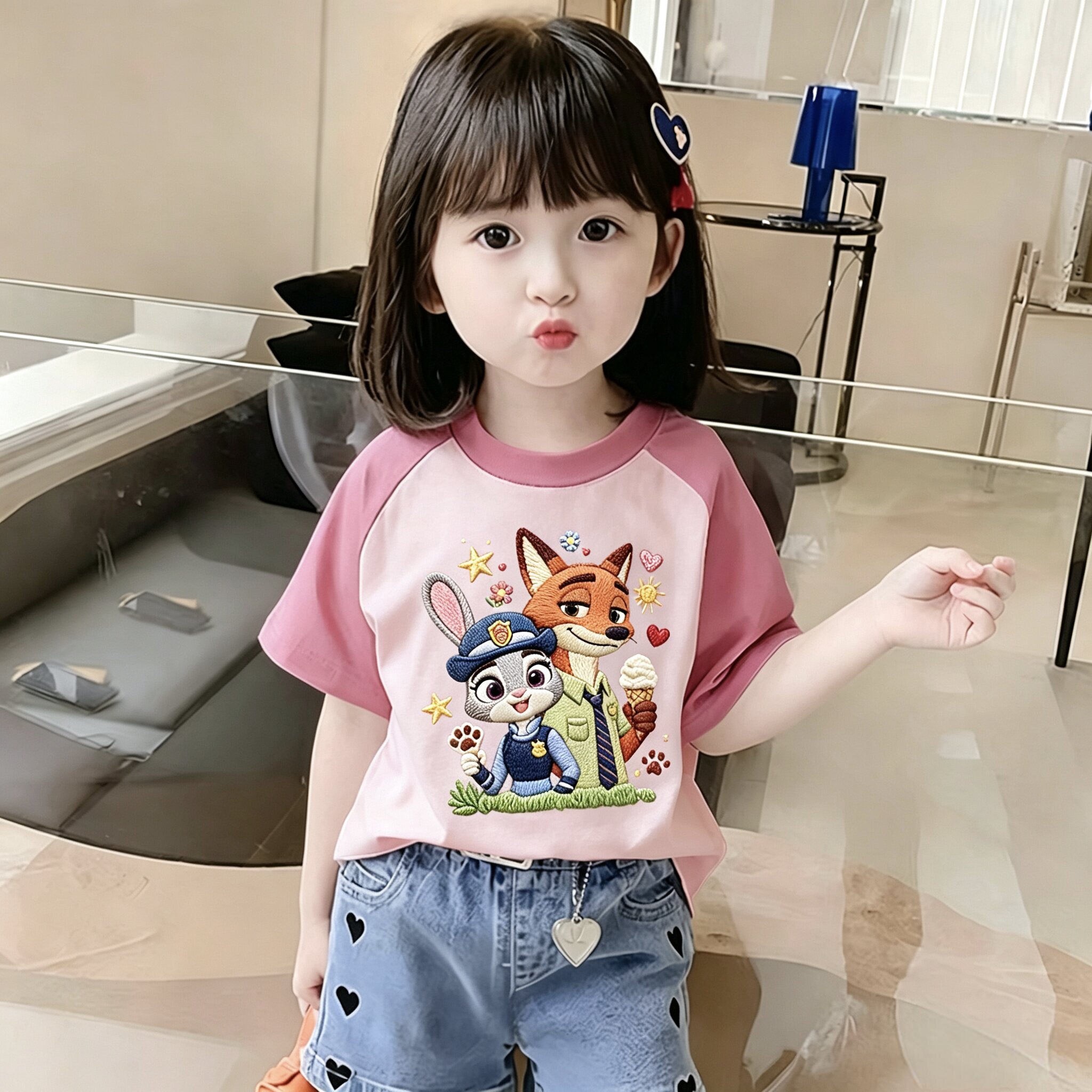 疯狂动物城衣服女童拼色短袖t恤