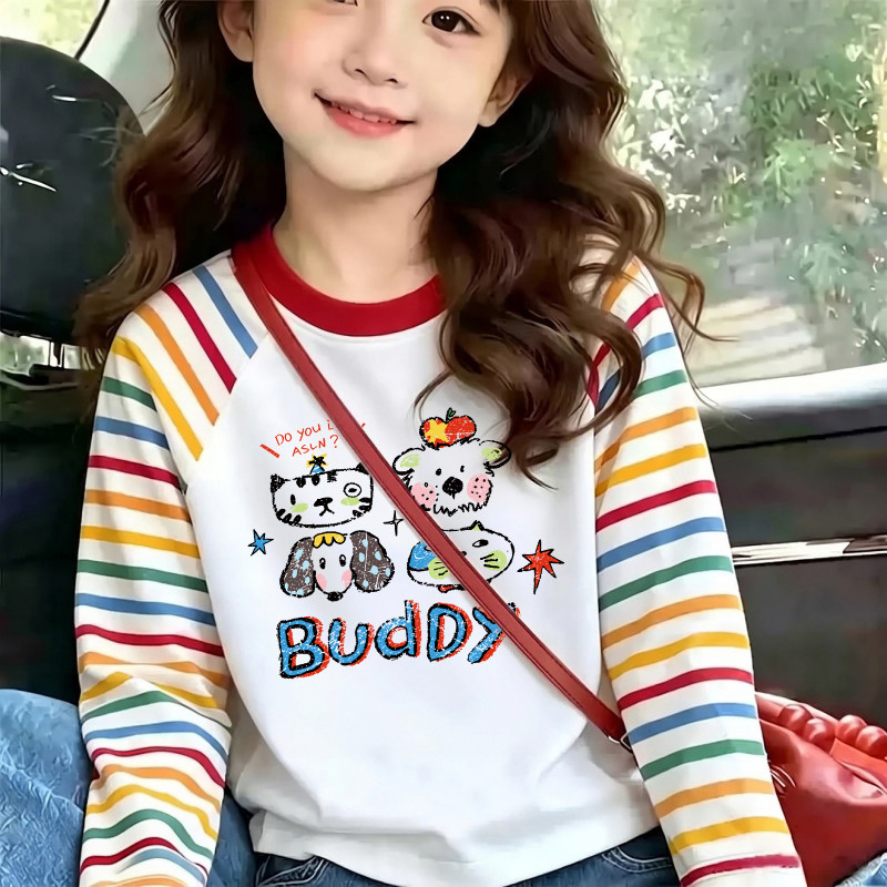 女童长袖t恤春秋款儿童洋气条纹拼接卡通小狗女孩韩系超好看上衣