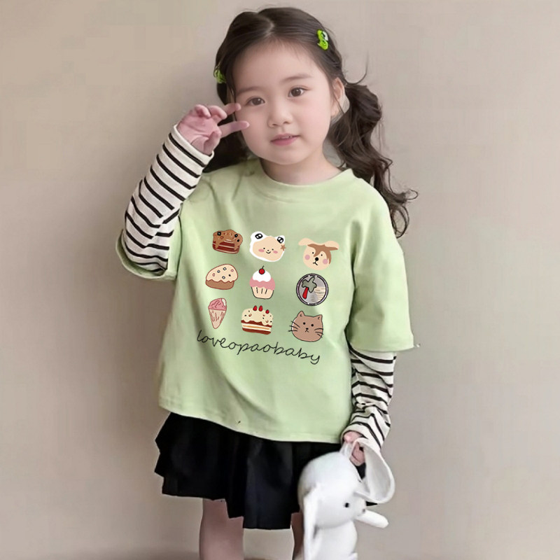 儿童纯棉t恤长袖女童春秋装2026新款儿童条纹撞色印花假两件上衣