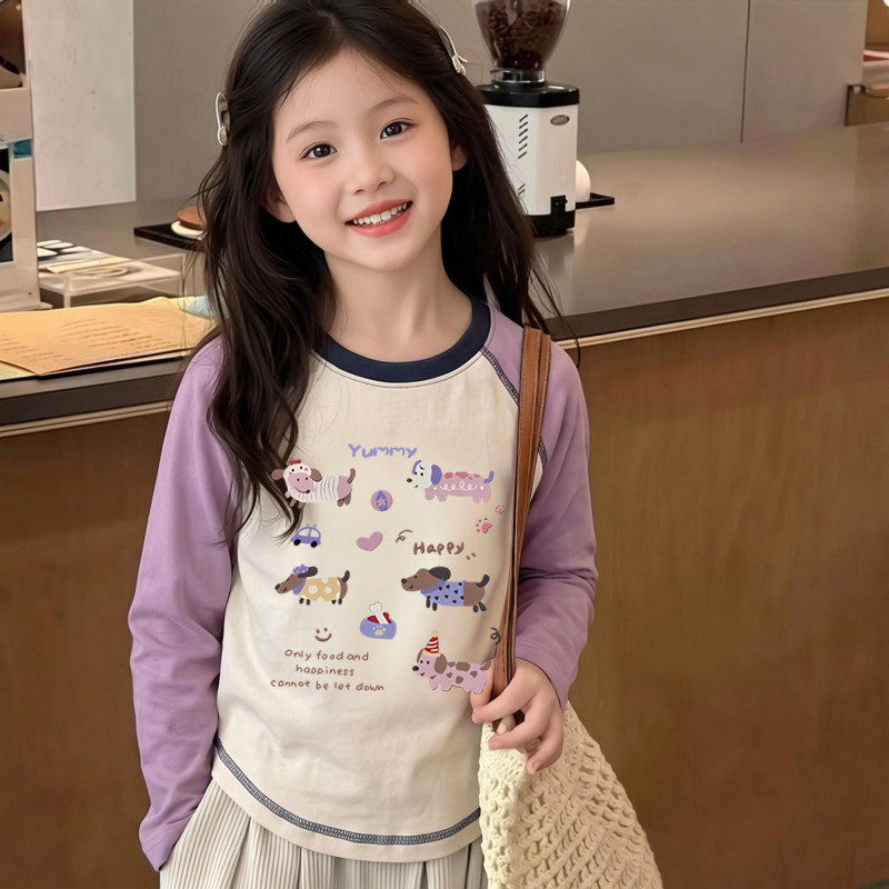 女童打底衫春秋新款韩版修身短款小女孩长袖t恤卡通撞色儿童秋装