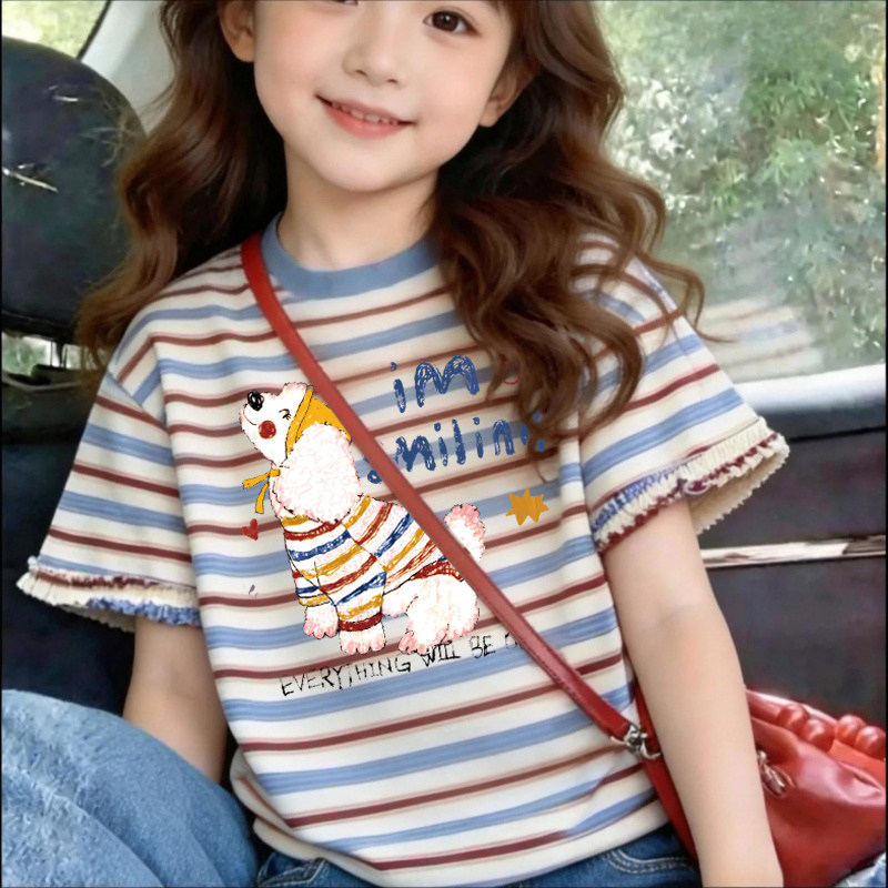女童纯棉短袖t恤2026新款夏季儿童小狗上衣韩系条纹撞色宝宝衣服T