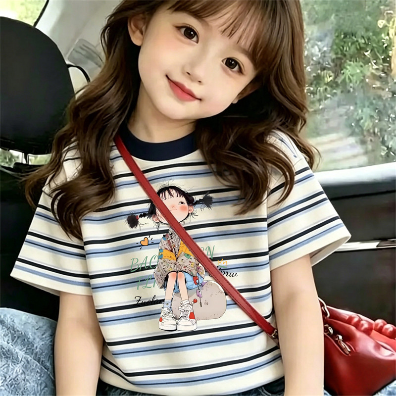 卡通小女孩条纹短袖t恤夏季女童巨好看韩系上衣儿童休闲圆领衣服