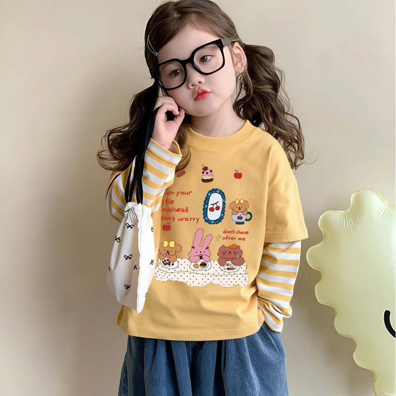 女童t恤长袖2026新款洋气儿童卡通撞色拼接打底衫女宝宝春装上衣