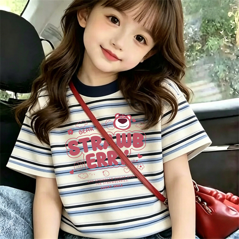 儿童条纹短袖t恤女童宽松韩版洋气卡通印花中小童装宝宝夏季上衣