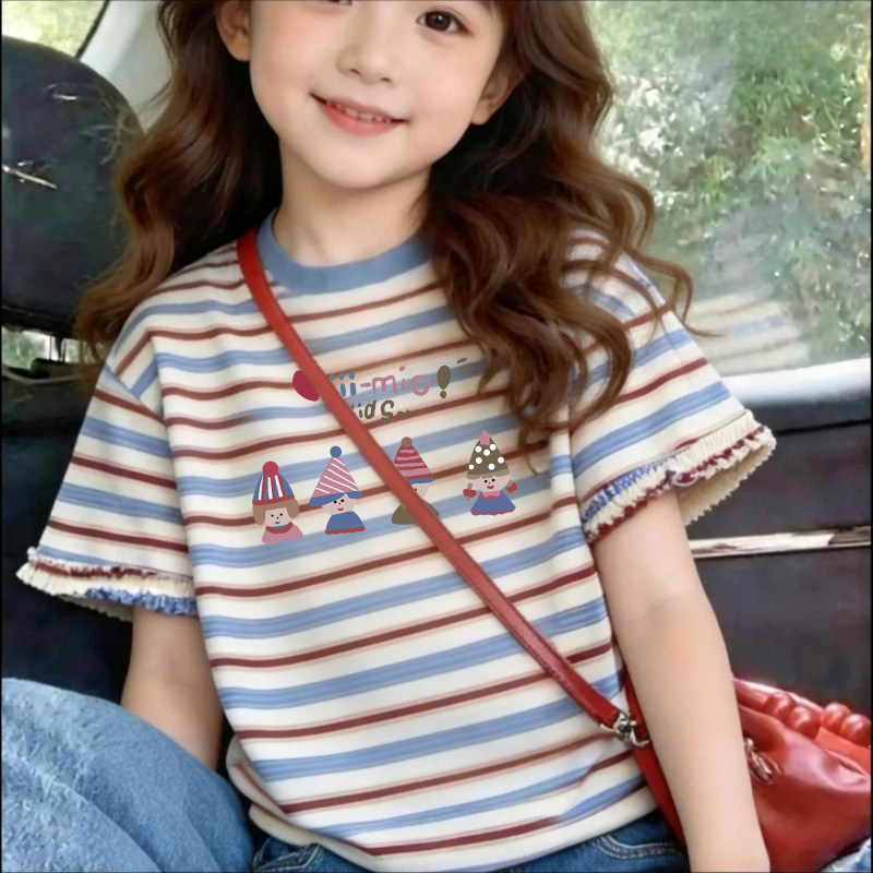 女童纯棉短袖t恤2026新款洋气女童蓝红条纹半袖花边上衣宝宝衣服