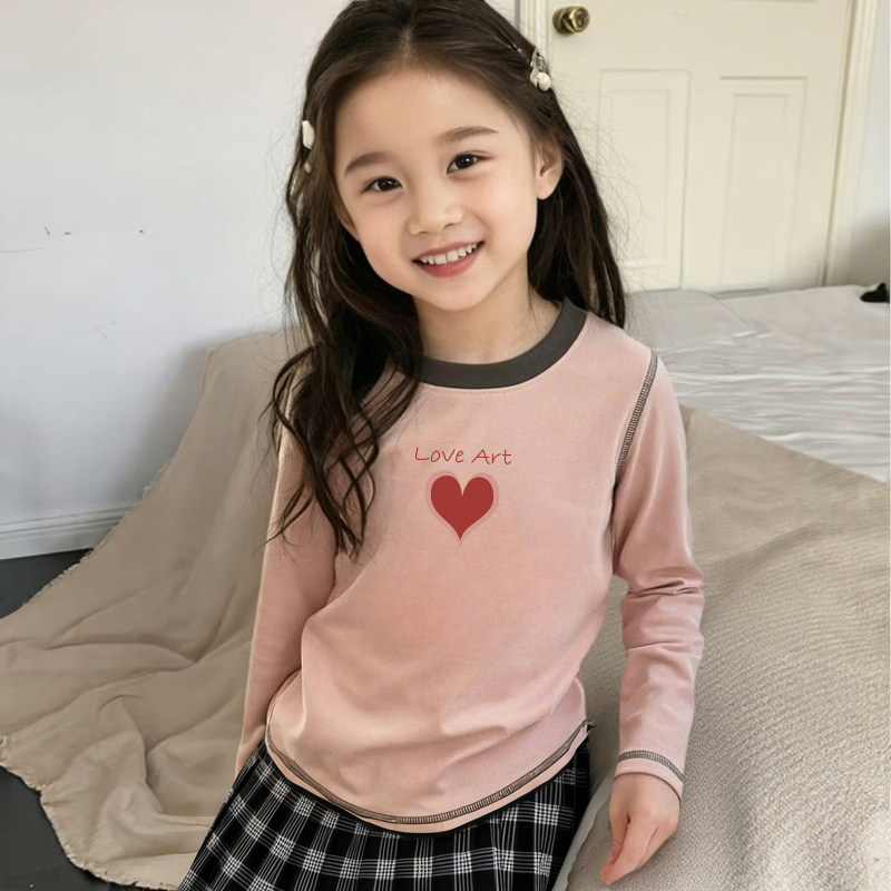 儿童爱心长袖t恤女童上衣纯棉宝宝春秋童装小女孩休闲撞色打底衫T