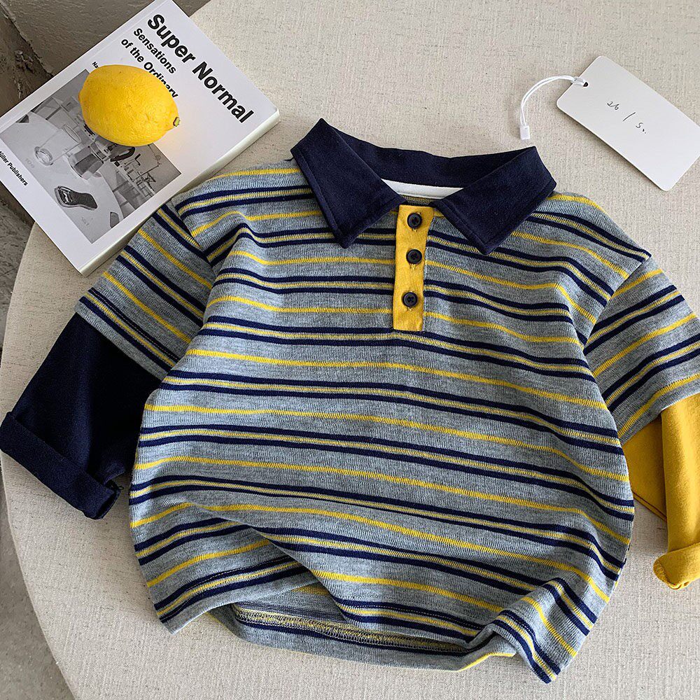 儿童条纹长袖t恤男童春季polo衫韩版学院风女宝宝拼色假两件上衣
