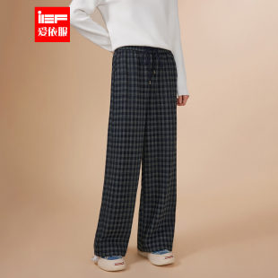 爱依服裤 休闲运动风加绒保暖格子阔腿裤 子2025冬季 韩版 新款 IEF