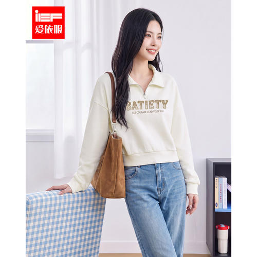 IEF/爱依服2026秋季新款Polo领字母绣花半拉链卫衣女休闲宽松上衣