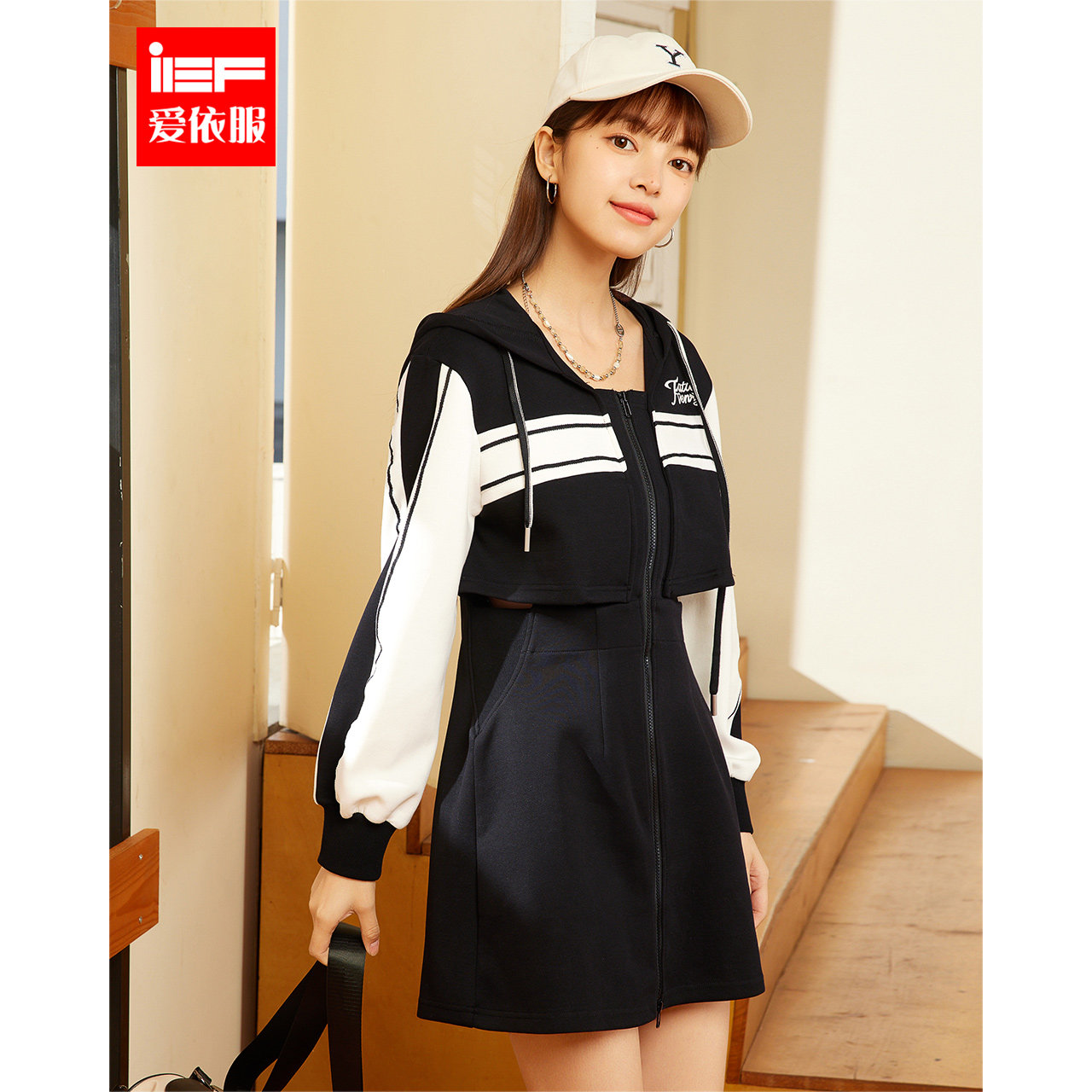 ief/爱依服连衣裙2022年秋季新款韩版高街休闲运动风时尚假两件潮