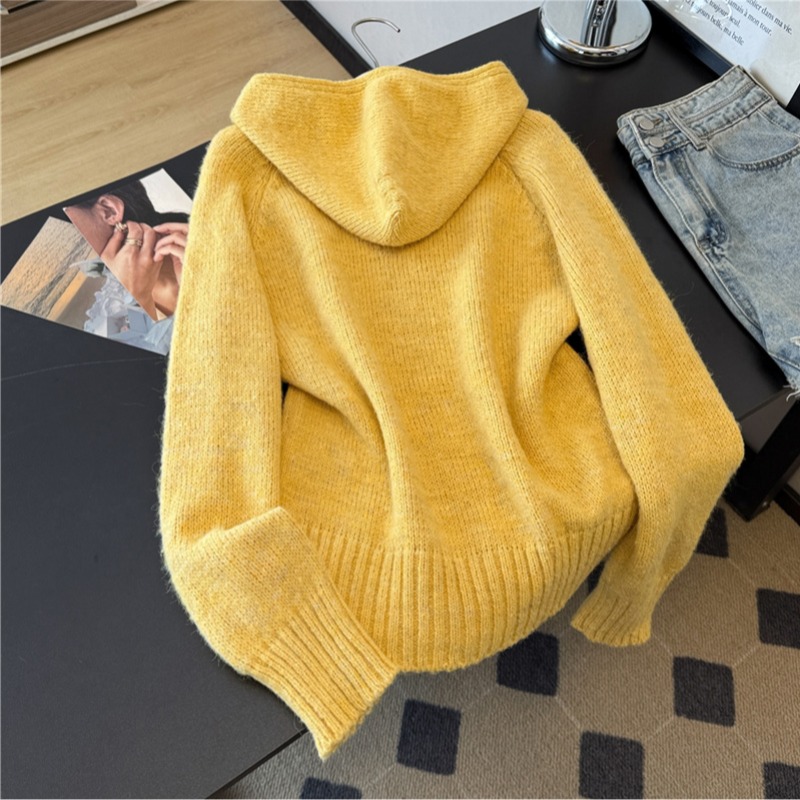 黄色连帽毛衣女长袖套头针织衫