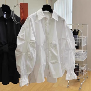 白色灯笼袖衬衫女2025春季褶皱衬衣设计感小众宽松娃娃衫长袖上衣